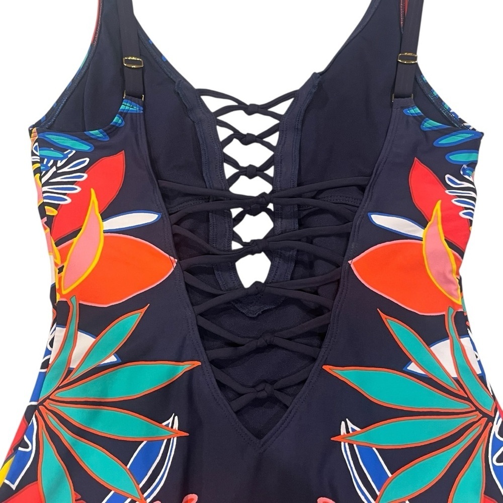 Women’s Bleu By Rod Beattie Navy Tropical Floral Lace Up Plunging Swimsuit — 6 - Picture 3 of 11